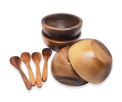 BestySuperStore Mini cuencos redondos de madera de acacia de 3¾ pulgadas, cuenco de madera para aderezo de salsa, arroz, salsa de inmersión, nueces, dulces, frutas, aperitivos, diámetro de 3¾ x 1