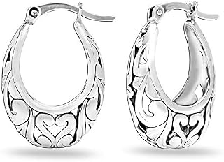 LeCalla Sterling Silver Jewelry Floral Filigree Light-Weight Oval Hoop Earrings for Women Girls