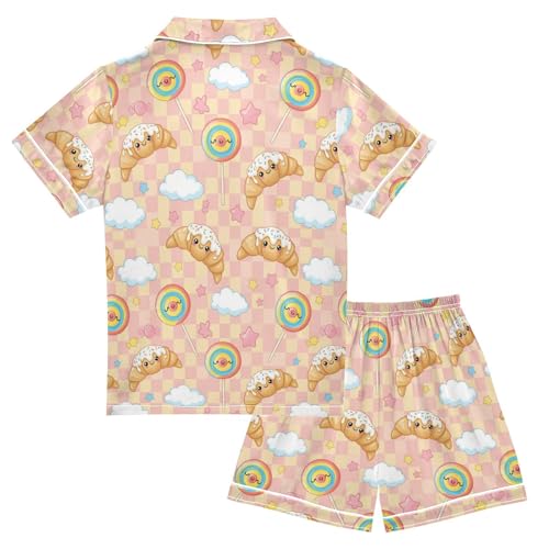 Satin Pajama Sets Short Sleeve Cute Croissant and Lollipops Button Down Silky Nightwear 2 Piece PJS 5-14Y2