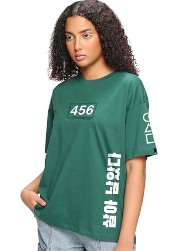 Image of Bewakoof X Squid Game Women's Cotton Jersey Graphic Print Oversized Fit Half Sleeve Round Neck T-Shirt | Casual wear | Streetwear | Oversized Tshirt for Woman Cotton| Baggy