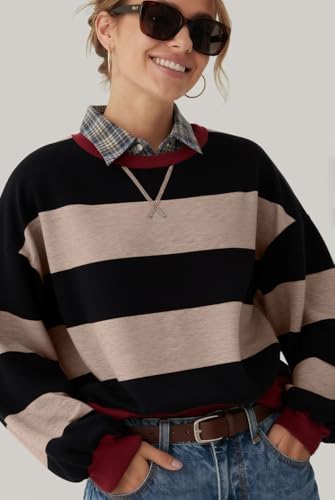 Image of UEU Women Oversized Striped Crewneck Sweatshirt Long Sleeve Color Block Pullover Tops Casual Loose Workout Shirt