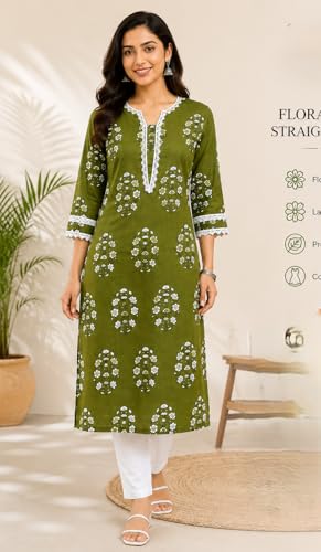 Image of Women's Pure Cotton Regular Fit Floral Printed A-Line Kurta