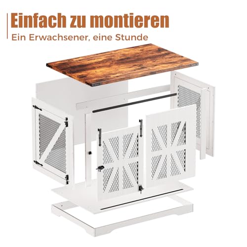 Hundekäfig, 110 cm Hundebox, Dreitüriger Hundekäfig für zu Hause, Schiebetür, Modernes Holz-Hundehäuschen, Mittlere und Große Hunde, Verstärktes Eisennetz, 110x74x81 cm, Weiß