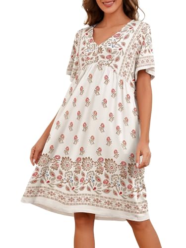 udforsk Womens Moomoo Sleep Dresses For Women Short Sleeve Nightgown With Pockets And Floral Print Dress Ladies Nightgowns Lounge House Dress Apricot XXL