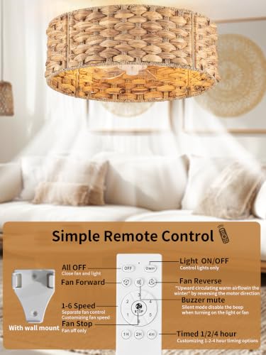 Image of 19 inch Boho Handwoven Rattan Ceiling Fan with Light Flush Mount Low Profile