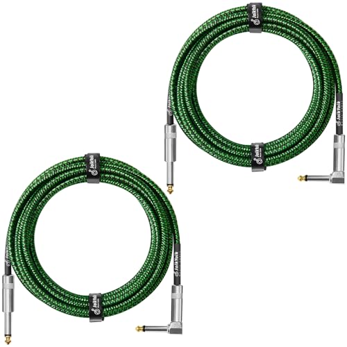 JoikYoik Guitar Cable 15ft 2-Pack, Tweed Cloth Braided Instrument Cable, TS 1/4 Inch Angled to Straight, for Electric Guitar/Bass/Amp, Black & Green