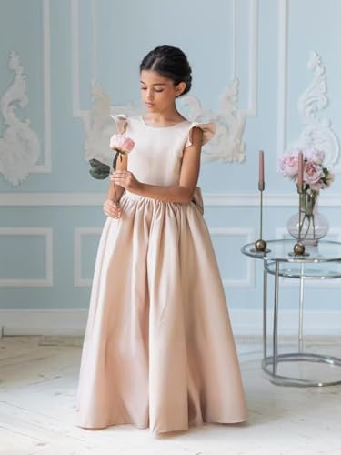 Satin Ruffle Sleeve Flower Girl Dress for Wedding Bow Knot Crew Neck V-Back Long Ball Gowns Pageant Princess Dress3