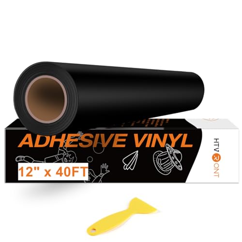 HTVRONT Black Permanent Vinyl, 12" x 40 FT Black Adhesive Vinyl Roll for All Cutting Machine, Silhouette, Cameo Cutters, Signs, Scrapbooking, Craft, Die Cutters