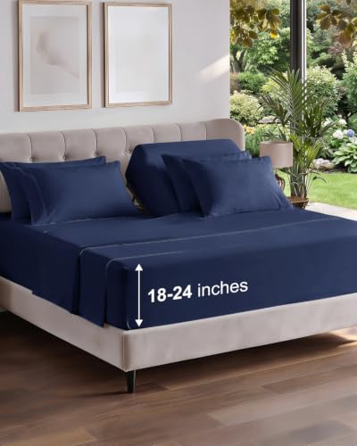 Image of Extra Deep Flex Top Split Head King Sheet Set - 6 Piece Breathable and Cooling Sheets - Hotel Luxury Bedding for Women, Men, Kids & Teens - Easy Secure Fit - Extra Deep Pockets - Navy Blue