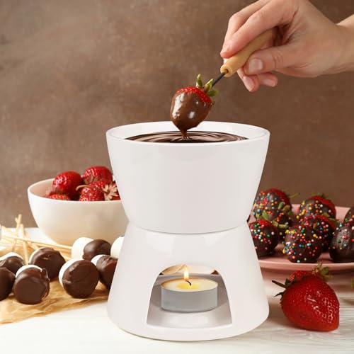 Schoko Fondueset Keramik Mini Schokofondue Käsefondue Fondue Set Topf Kerze Gabel Keramik Schokofondue Set Weiße Käsefonduetopf aus Porzellan Schokoladenschmelzer für Fondue – Bild 3