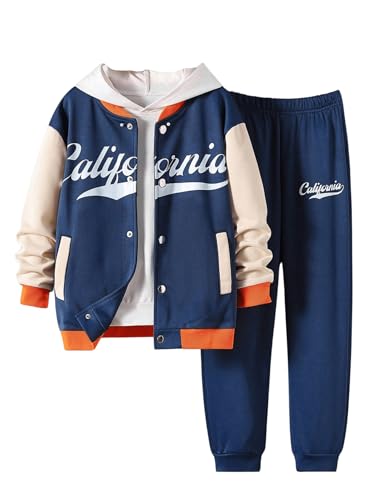 Image of SweatyRocks Boy's 2 Piece Outfits Letter Graphic Colorblock Bomber Jacket and Jogger Sweatpants Set Blue 10Y