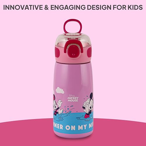 Image of Cello Kidzbee Flare 450 Insulated Stainless Steel Sipper Water Bottle 444 ml, Light Pink | Mickey Minnie Cartoon Design Hot & Cold Bottle | Vacuum Insulated Leakproof Easy to Carry Bottle for Kids