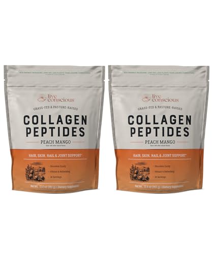 Image of Live Conscious Collagen Peptides Powder - Peach Mango Flavored Collagen Powder - Hair, Skin, Nail, & Joint Support - Type I & III Grass-Fed Collagen Supplements for Women and Men (2-Pack)