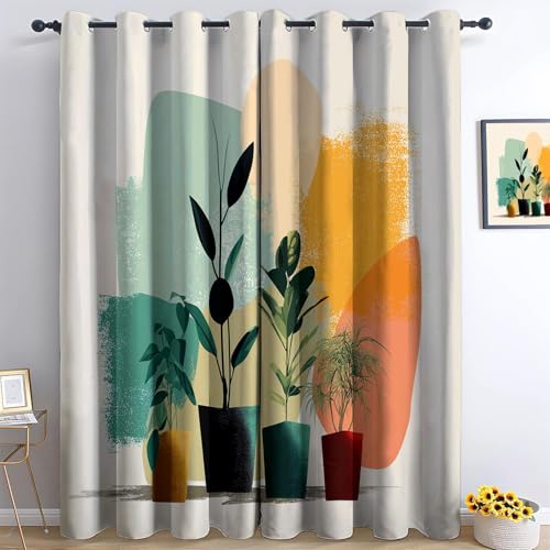 Cortinas Opacas Termicas Aislantes Frio y Calor de Casa Cortina 100% Blackout Bloques De Colores Simples Macetas para Plantas, Acustica con Ojales para Salon Dormitorio 2 Piezas, Crema, 91.5 x 214 cm