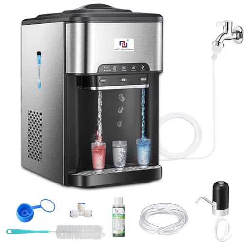 NUNET 3-in-1 Countertop Ice Maker Hot/Cold Water Dispenser Cooler Fill Water Manually or by Water Line,10ft Water Inlet Hose 1/2" &1/4" Connector, Making 44 lbs Ice Daily at 160W, 4lb Ice Storage