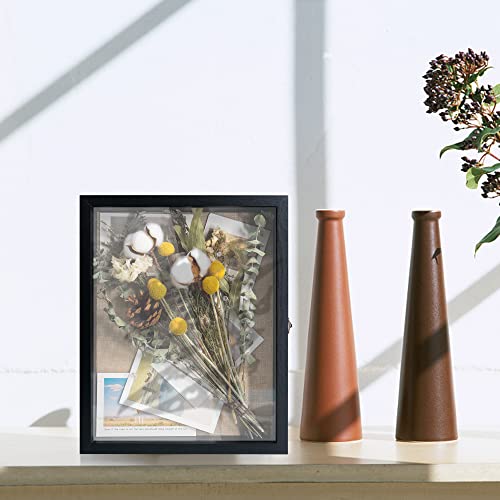 Image of GraduationMall 11x14 Wood Shadow Box Frame Glass Door Display Case with Linen Back and 6 Stick Pins,1.5 inches Interior Depth,Ideal for Memorabilia Pictures Flowers Medals Tickets Rustic Black
