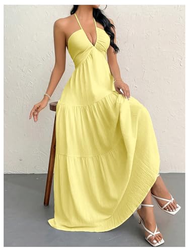 Image of SHENHE Women's Deep V Neck Tie Knot Backless Halter Dress A Line Flowy Ruffle Maxi Dress