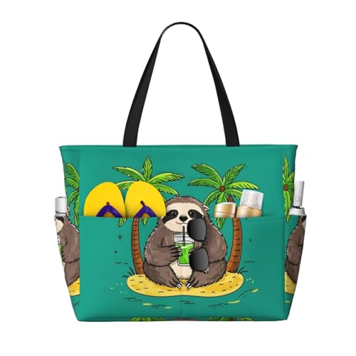 Beach Bag for Women, Waterproof Sandproof Beach Pool Travel Duffel Bags with 7 Pockets, Large Capacity Shoulder Tote Bag for Gym Travel Vacation Essential, Sloths Drinking Palm Trees