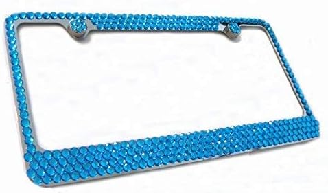 4 Row Turquoise Blue Rhinestone Bling Sparkle Metal License Plate Frame & Caps Set