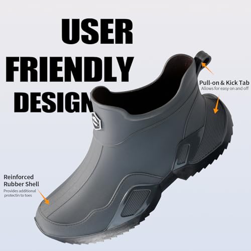 Image of Men's Ankle Rain Boots - Slip On Waterproof Garden Shoes - Comfortable Lightweight black&grey Rubber Fishing shoes