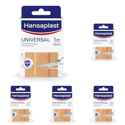 Hansaplast Tira universal de apósito adhesivo resistente al agua, vendaje autoadhesivo fuerte y transpirable, tira adhesiva para heridas menores, recortable, 1 tira de 10 x 6 cm (Paquete de 5)