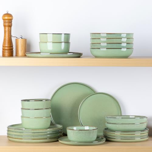 GBhome Geschirrset 4 Personen, 12-tlg Reaktive Glasur Handarbeit Steingut Geschirr Set, Mikrowellen- & Spülmaschinenfest Schüssel- und Teller Set, Pastellgrün, GDW067GN-EU