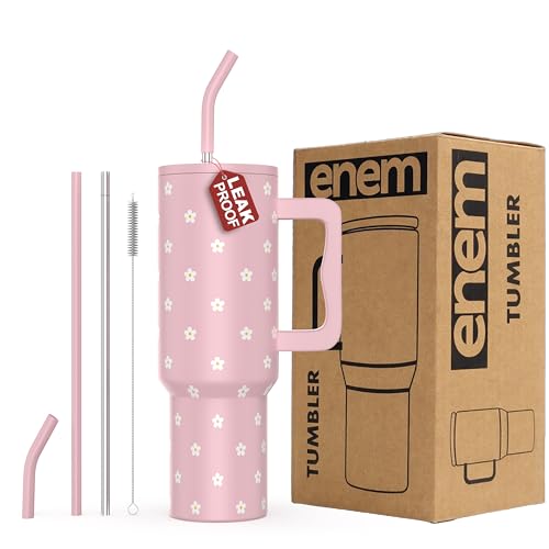 Image of enem Tumbler, Petal Pink Pop, Insulated Premium Vacuum Leak Proof Tumblers, Stainless Steel Travel Mug with Handle, Lid & Straw, 1.2L Tumbler for Coffee, Iced Tea, or Water