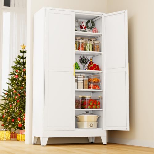 Image of 78.7 inch Tall Metal Pantry Cabinet, Freestanding Kitchen Storage Cabinet | with 2 Doors and 5 Adjustable Shelves, Versatile Storage Cupboard for Kitchen, Laundry, Dining & Utility Room, White