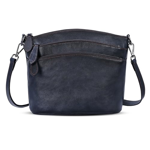 HESHE Crossbody Bags for Women Genuine Leather Purses with Multi-Pockets Vintage Ladies Small Shoulder Satchel Bag (Navy Blue)