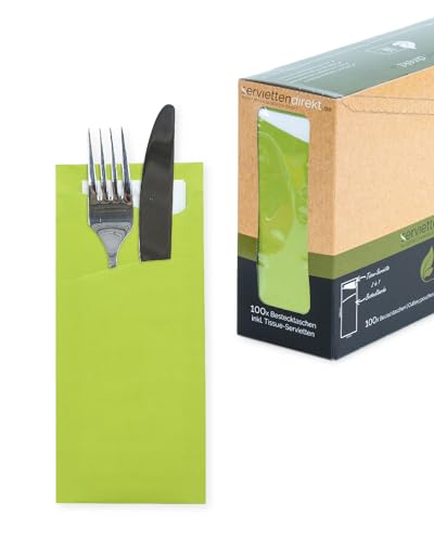 PRIME GUEST Prime Fit - Funda para cubiertos (85 x 190 mm, servilletas de 2 capas, ideal para gastronomía y celebraciones (kiwi, 100 unidades), color blanco
