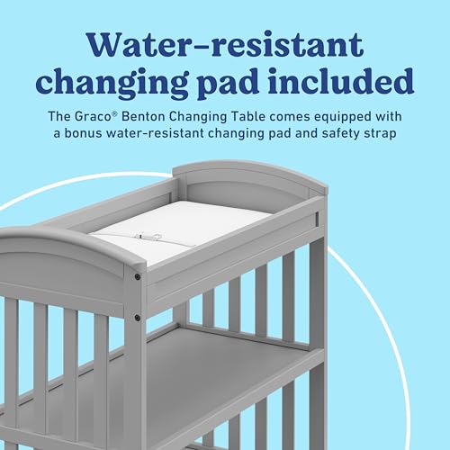 Image of Graco Benton Changing Table with Bonus Water-Resistant Changing Pad (Pebble Gray) - GREENGUARD Gold Certified, Includes Diaper Change Pad with Safety Strap, 2 Open Storage Shelves for Organizing