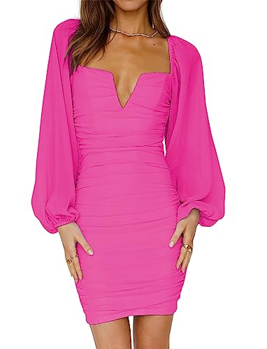 tall contrast mesh lantern sleeve ruched bodycon dress Amazon.com: FANTOYE Women's Ruched V Neck Bodycon Dress Lantern Long Sleeve  Mesh Backless Mini Dresses Deep Pink Large : Clothing, Shoes & Jewelry