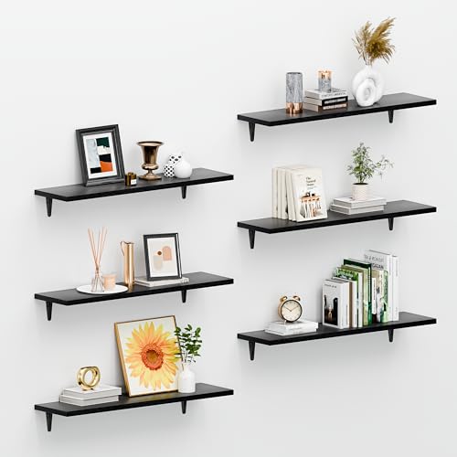 Image of SKYSEN Floating Shelves for Wall Set of 6, 23.6in Wood Wall Shelf for Decor, Bathroom, Bedroom, Storage, Book,Kitchen, Living Room - Black(fs-60-b)
