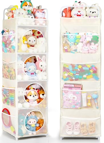 AXHOP Toy Storage 42x42x162cm Teddy Storage 5-Tier & 8 Side Pockets Toy Box Kids Storage Unit for Bedroom & Playroom Ivory
