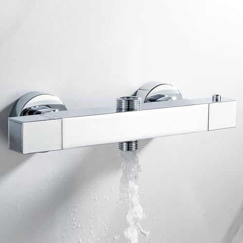 Square Thermostatic Shower Mixer Bar Two Outlet, Brass Twin Outlet Shower Mixer Bar Valve with TOP 3/4" BSP (26.4mm) + Bottom 1/2" BSP (21mm) - Image 2