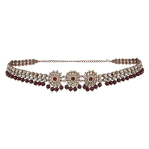 I Jewels 18K Gold Plated Traditional Ethnic White Floral Design Kundan And Stone Studded Adjustable Pearl Kamarband/Belly Chain/Kandora/Waist Belt For Women (B033M)