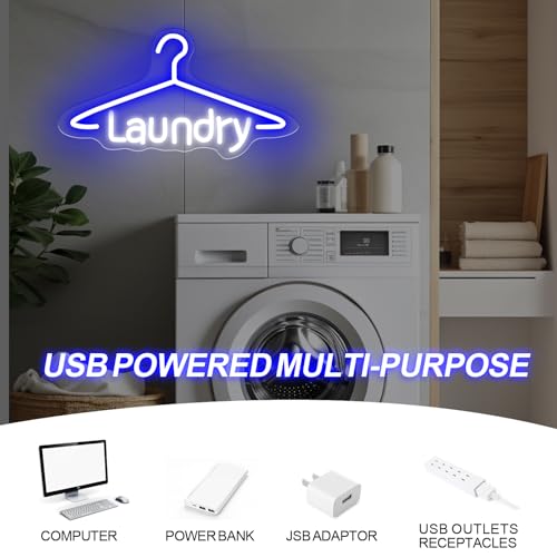 Image of Laundry Neon Sign Laundromat Led Neon Sign Washing Machine LED Light | USB Powered Neon Sign For Laundry Room Laundry Wall Art Laundry Room Decors 16.5 inchx9.1 inch, Blue+White