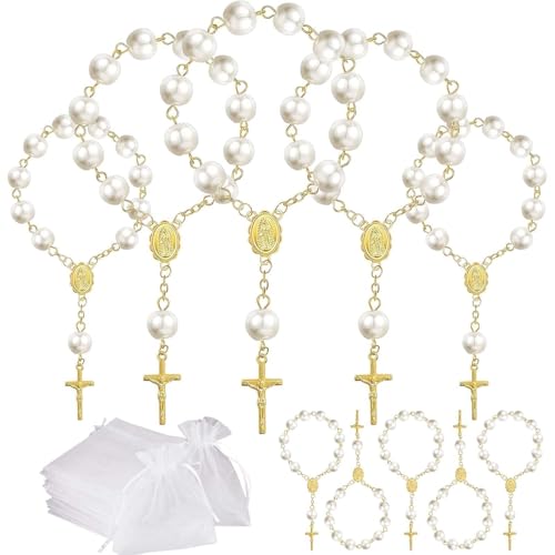 PJPSAA 10 Set Baptism Party Favors Mini Rosary Beads Faux Pearls with Organza Bags for Christening Weddings First Communion Party Favors(Gold Pearl)