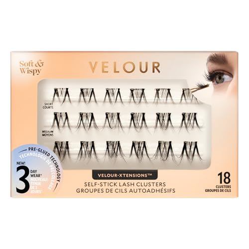Velour-Xtensions Self-Stick Lash Clusters Soft & Wispy Self Adhesive Eyelashes with 18 Underlash Clusters New No Glue Technology for Lightweight Effortless Lash Look at Home