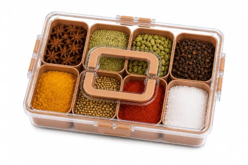 Image of MEKIT Square Masala Box for Kitchen, Plastic Container for keeping Spices, 8 Section Multipurpose Masala Box with Lid (LightPink -8C)
