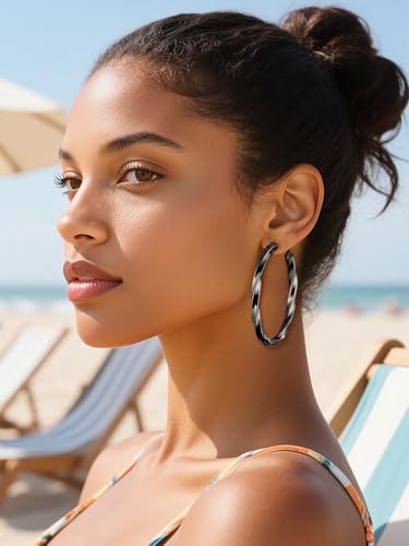 Image of Stainless Steel Chunky Hoop Earrings For Women, Minimalist and Chic, Black /Gold Plated, Round Hoops Earrings Hypoallergenic, Size: 30mm /40mm /60mm /80mm, Come with Box
