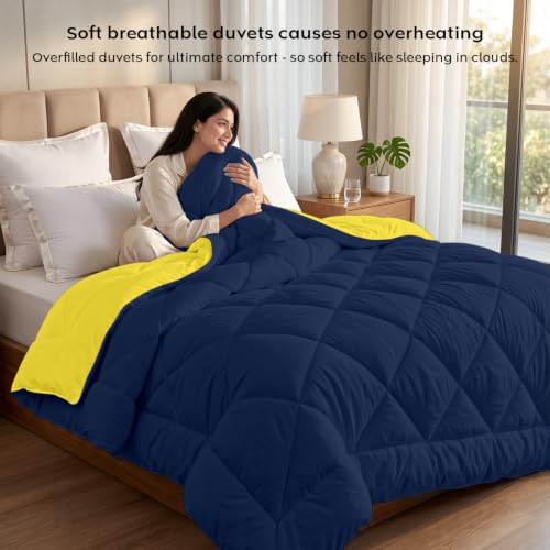 Image of AYKA Reversible Comforter 220 GSM Microfiber Reversible AC Comforter /Blanket for Winter /Quilt /Duvets for King Size Double Bed Comforter (90 * 100, Yellow & Navyblue)| TC - 220