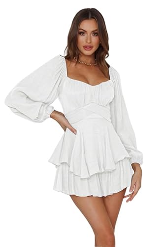 Haibang Falda Pirata Mujer Estilo Bohemio Vestido de Verano Vestido Manga Larga Gasa Vestido Doble Capa Volantes Dobladillo Mini Vestido Elegante Fiesta Vestido Carnaval Disfraz Pirata