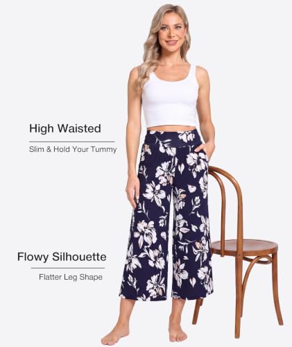 Image of GYS Bamboo Viscose Wide Leg Capri Pants for Women, Ultra-Soft Pajama Bottom | Lightweight Culottes Cropped Lounge Pants, Flowy Yoga Pants, High Waist PJ Bottoms, Knitted Ladies Gaucho Pants