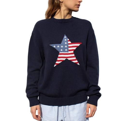 Image of Womens American Flag Sweater Long Sleeve Crew Neck Star Graphic Knit Pullover Tops Casual Loose USA Sweater