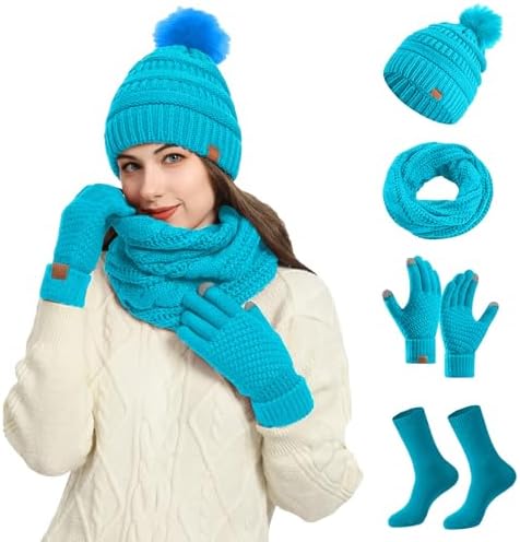 Bonnet Et Gants Femme Bequemer Laden Femmes Hiver Chaud Bonnet Pompon Gants Tactiles Longue Echarpe Ensemble Tricot Avec Doublure Polaire Cadeaux Noel Femme Ensemble Hiver Femme