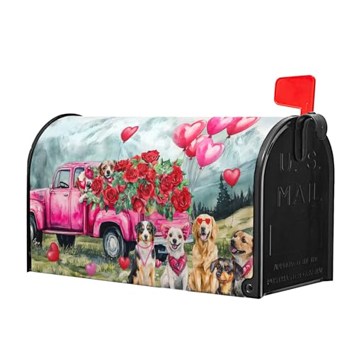 Image of Happy Valentines Day Mailbox Cover Magnetic Valentine Truck Dog Flowers Mailbox Wrap Post Cover Large Size 25.5x21 Inch for Garden Yard Outdoor Outside Patio Wedding Holiday Decor