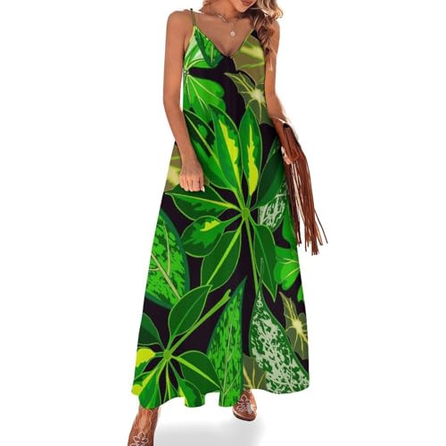 Robe Maxi pour Voyages et Plage Imprimé Plantes Vertes Fluide d'Été