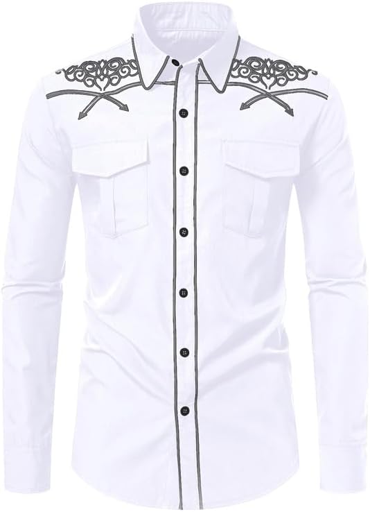 KISSQIQI Mens Western Cowboy Shirt Casual Button Down Long Sleeve Embroidered Shirts Fashion Slim Fit Design Shirts