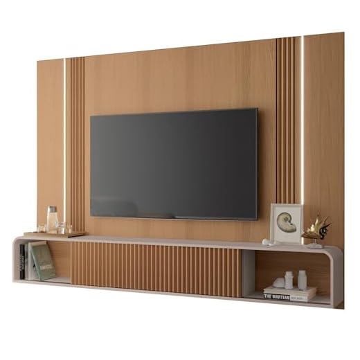 Painel Para TV 85 Pol Suspenso Canelado Com LED Vivaz H01 Off White/Freijó - Mpozenato